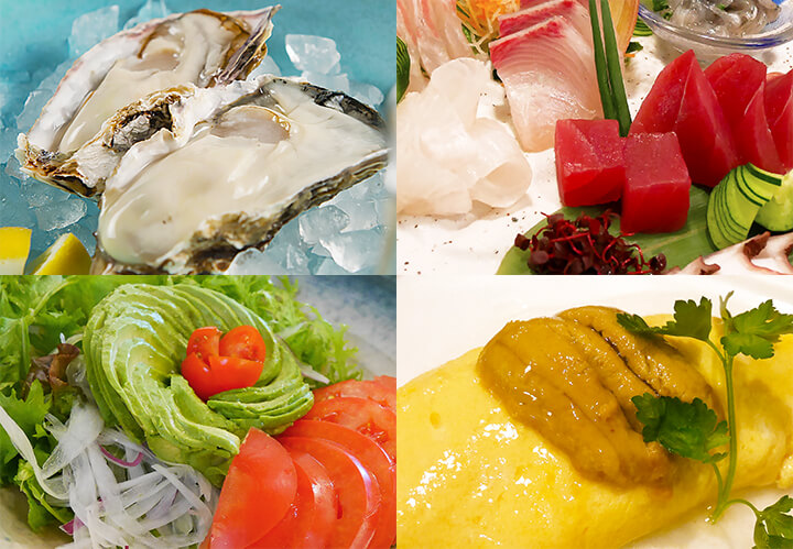 生牡蠣、刺身、トマトとアボカドのサラダ、生雲丹オムレツ、海宝の創作和食メニュー